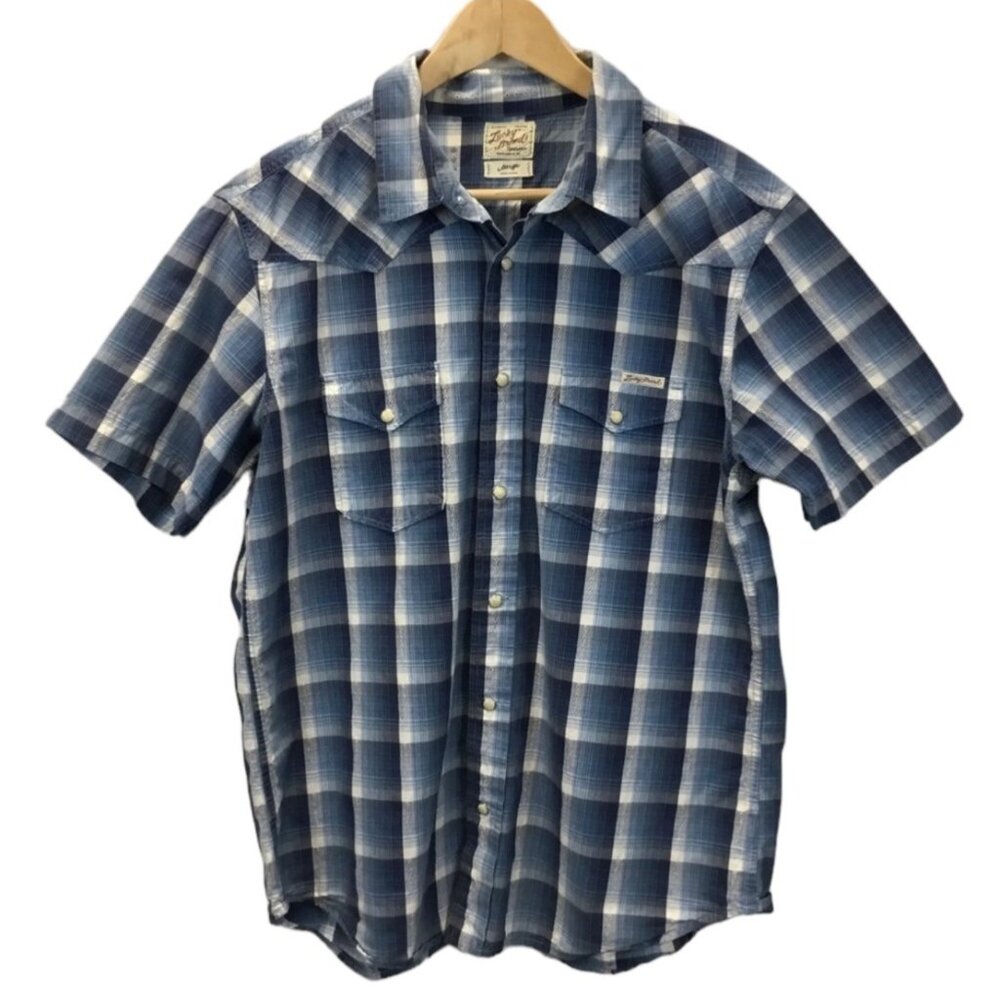 Lucky Brand Blue Plaid Western Wear Pearl Snap Button Up Men's Shirt Large